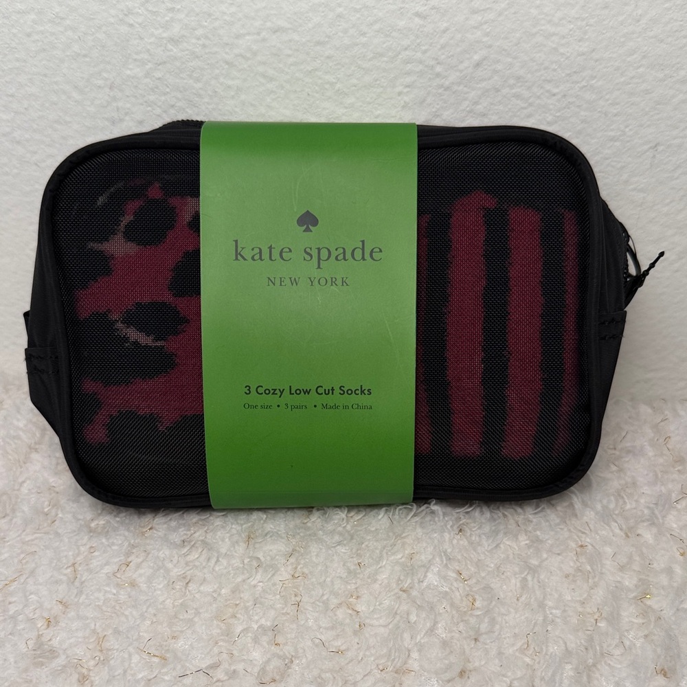 Kate Spade New York 3 Pack Cozy Low Cut Socks Pink Black Leopard Stripe Pouch NE